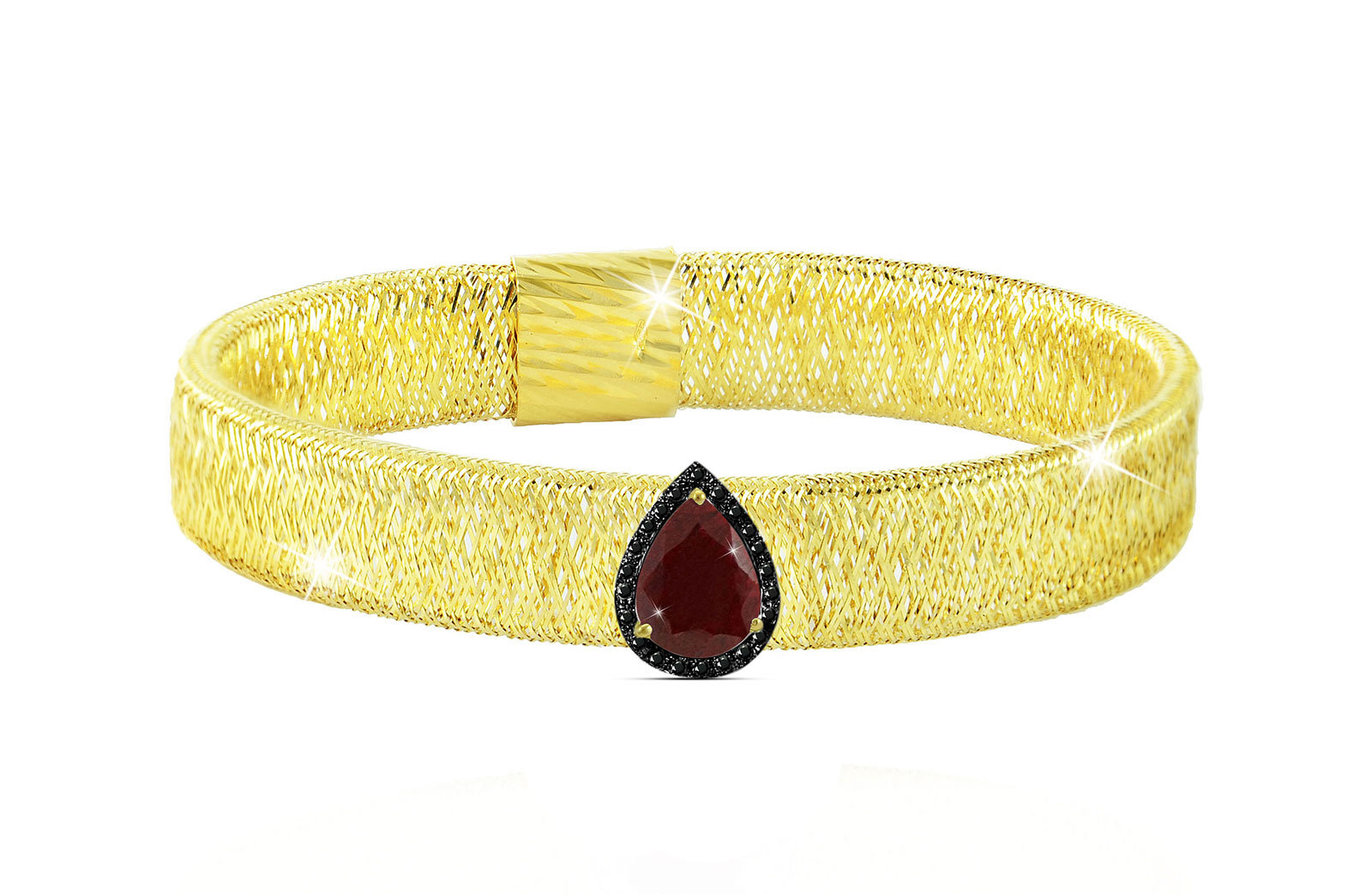 Vera Perla 18K Gold 0.12ct Black Diamonds, Ruby Mesh Bracelet